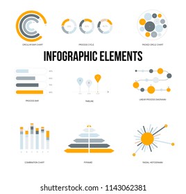 Business Info Visualisation Inforgaphic Elements Vector Set. Gray, Brown, Pie Chart, Circle Diagram, Rating, Target, Success, Flowchart Presentation Concept. Big Data Marketing Inforgaphic Elements