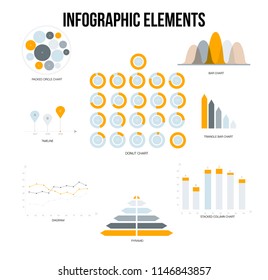 Business Info Visualisation Inforgaphic Elements Vector Set. Gray, Brown, Orange Pie Chart, Circle Diagram, Rating, Target, Flowchart Presentation Information. Clean Big Marketing Inforgaphic Elements