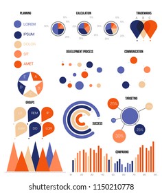 Business Info Visualisation Inforgaphic Elements Vector Set. Blue, Brown, Pie Chart, Circle Diagram, Rating, Target, Success, Flowchart Presentation Icons. Simple Marketing Inforgaphic Elements