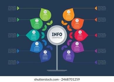 Business infograph concept with 10 steps. Tree. Template of diagram or brochure on dark background. Information chart or infographic of technology or education process with ten options.