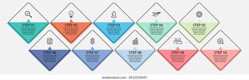 business infographic 10 parts or steps, there are icons, text, numbers. Can be used for presentation banners, workflow layouts, process diagrams, flow charts, infographics, your business presentations