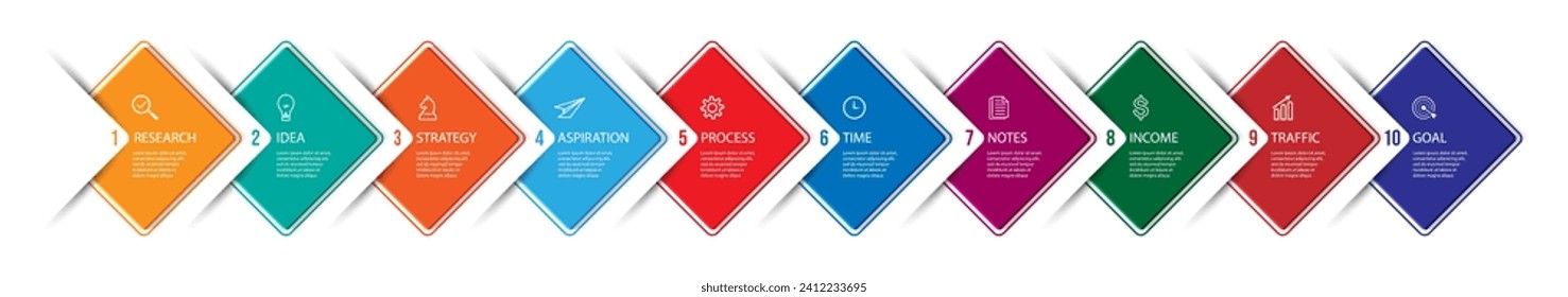 business infographic 10 parts or steps, there are icons, text, numbers. Can be used for presentation banners, workflow layouts, process diagrams, flow charts, infographics, your business presentations