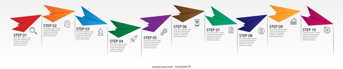 business infographic 10 parts or steps, there are icons, text, numbers. Can be used for presentation banners, workflow layouts, process diagrams, flow charts, infographics, your business presentations