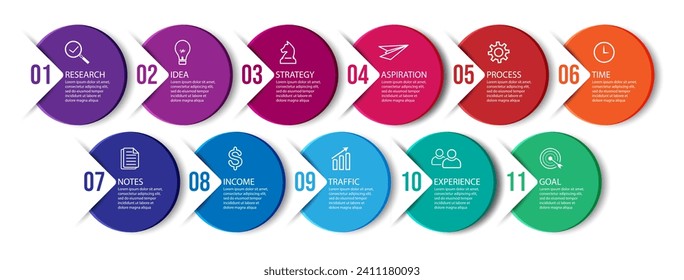 business infographic 11 parts or steps, there are icons, text, numbers. Can be used for presentation banners, workflow layouts, process diagrams, flow charts, info graphics, your business presentation