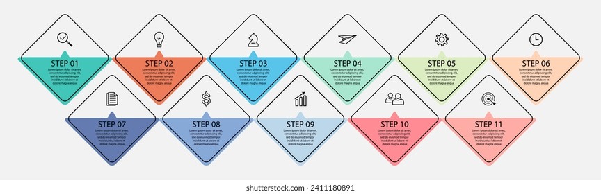 infografía de negocios 11 partes o pasos, hay iconos, texto, números. Se puede utilizar para banners de presentación, diseños de flujo de trabajo, diagramas de procesos, diagramas de flujo, gráficos de información, presentación empresarial