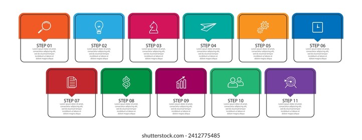 business infographic 11 parts or steps, there are icons, text, numbers. Can be used for presentation banners, workflow layouts, process diagrams, flow charts, infographics, your business presentations