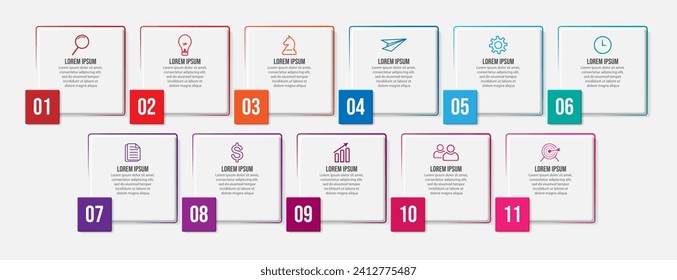 business infographic 11 parts or steps, there are icons, text, numbers. Can be used for presentation banners, workflow layouts, process diagrams, flow charts, infographics, your business presentations