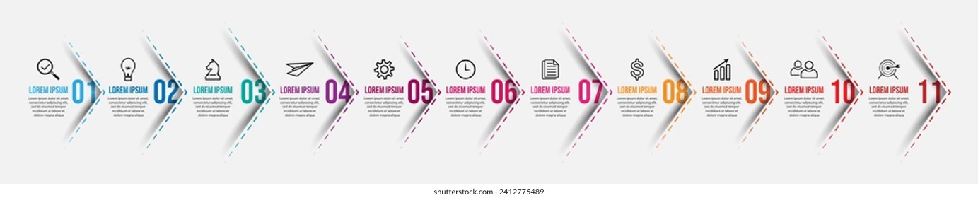 business infographic 11 parts or steps, there are icons, text, numbers. Can be used for presentation banners, workflow layouts, process diagrams, flow charts, infographics, your business presentations