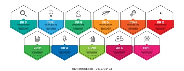 business infographic 11 parts or steps, there are icons, text, numbers. Can be used for presentation banners, workflow layouts, process diagrams, flow charts, infographics, your business presentations