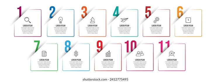 business infographic 11 parts or steps, there are icons, text, numbers. Can be used for presentation banners, workflow layouts, process diagrams, flow charts, infographics, your business presentations