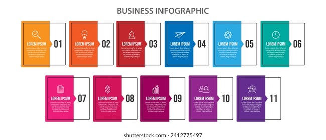 business infographic 11 parts or steps, there are icons, text, numbers. Can be used for presentation banners, workflow layouts, process diagrams, flow charts, infographics, your business presentations