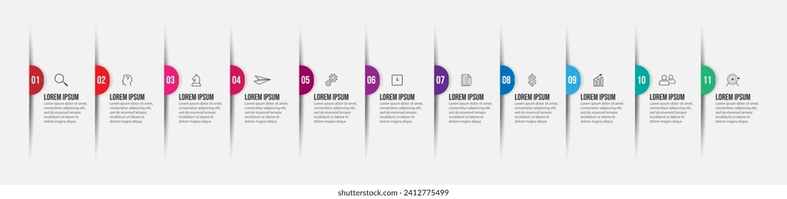 business infographic 11 parts or steps, there are icons, text, numbers. Can be used for presentation banners, workflow layouts, process diagrams, flow charts, infographics, your business presentations