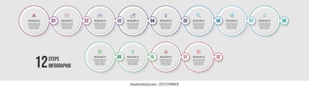 business infographic with 18 interconnected sections with additional number icons and colored lines