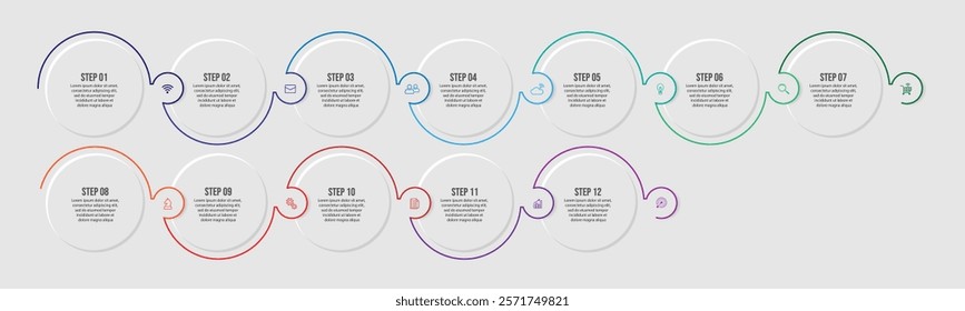 business infographic with 18 interconnected sections with additional number icons and colored lines