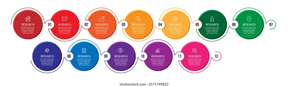 business infographic with 18 interconnected sections with additional number icons and colored lines