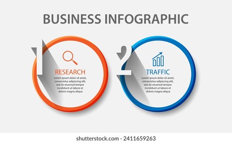 business infographic 2 parts or steps, there are icons, text, numbers. Can be used for presentation banners, workflow layouts, process diagrams, flow charts, info graphics, your business presentations