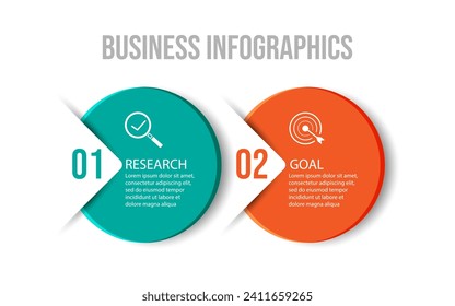 business infographic 2 parts or steps, there are icons, text, numbers. Can be used for presentation banners, workflow layouts, process diagrams, flow charts, info graphics, your business presentations