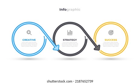 Business infographic 3 options. Timeline label design with circles and marketing icons. Vector illustration.
