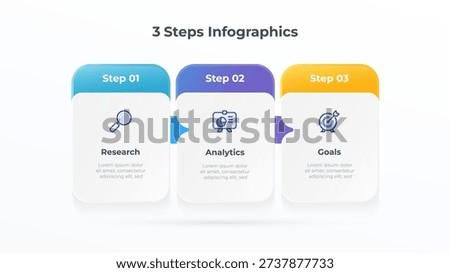 Business Infographic with 3 steps for process workflow presentation. Ideal for presenting strategic development or project phases. Perfect for business presentations, corporate reports.