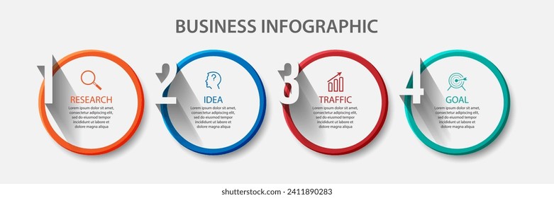 business infographic 4 parts or steps, there are icons, text, numbers. Can be used for presentation banners, workflow layouts, process diagrams, flow charts, info graphics, your business presentations