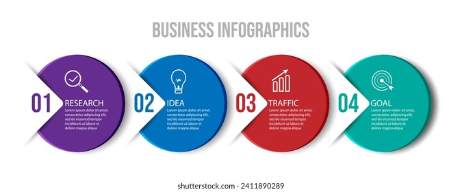 business infographic 4 parts or steps, there are icons, text, numbers. Can be used for presentation banners, workflow layouts, process diagrams, flow charts, info graphics, your business presentations