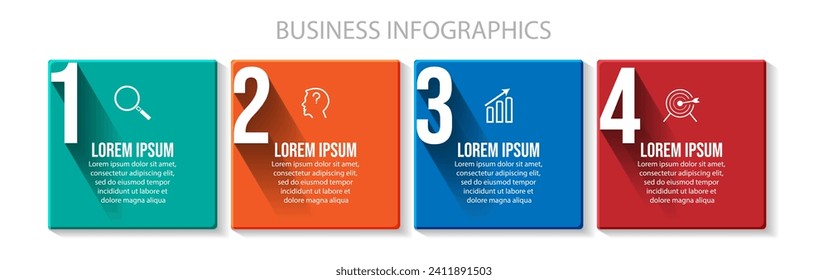 business infographic 4 parts or steps, there are icons, text, numbers. Can be used for presentation banners, workflow layouts, process diagrams, flow charts, info graphics, your business presentations