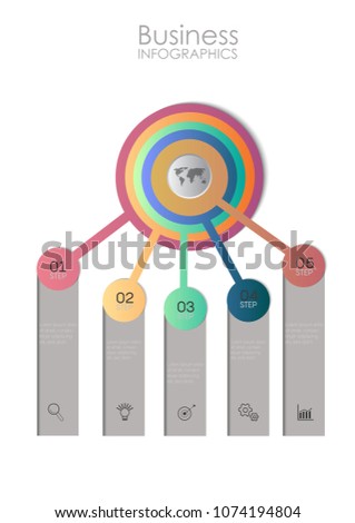 Business infographic with 5 options, steps or processes located on the colorful circles with business icons and worl map. Can be used for workflow layout, diagram, annual report, web design. 