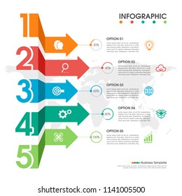 Business infographic with 5 progress steps, vector presentation template.