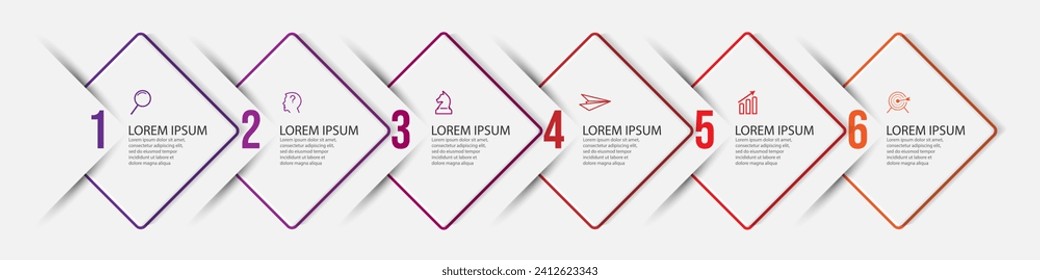 business infographic 6 parts or steps, there are icons, text, numbers. Can be used for presentation banners, workflow layouts, process diagrams, flow charts, infographics, your business presentations