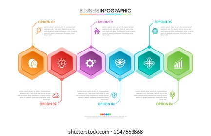 Business infographic with 6 steps and 12 icons, vector presentation template.