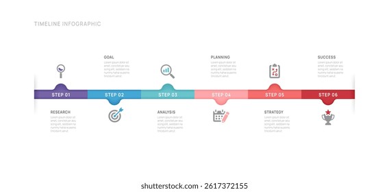 Business infographic 6 steps to success. Annual report, Business Timeline presentation template. Vector illustration.
