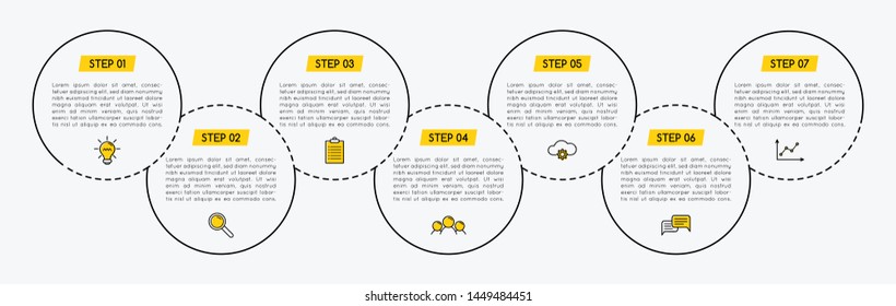 Business infographic with 7 options. Flowchart. Vector