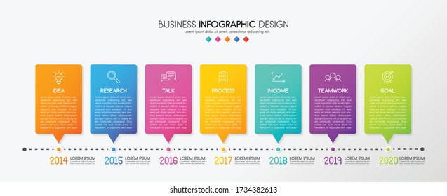 Business infographic with 7 options. Timeline. Vector