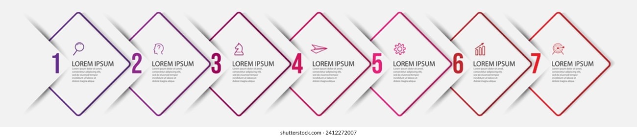business infographic 7 parts or steps, there are icons, text, numbers. Can be used for presentation banners, workflow layouts, process diagrams, flow charts, infographics, your business presentations