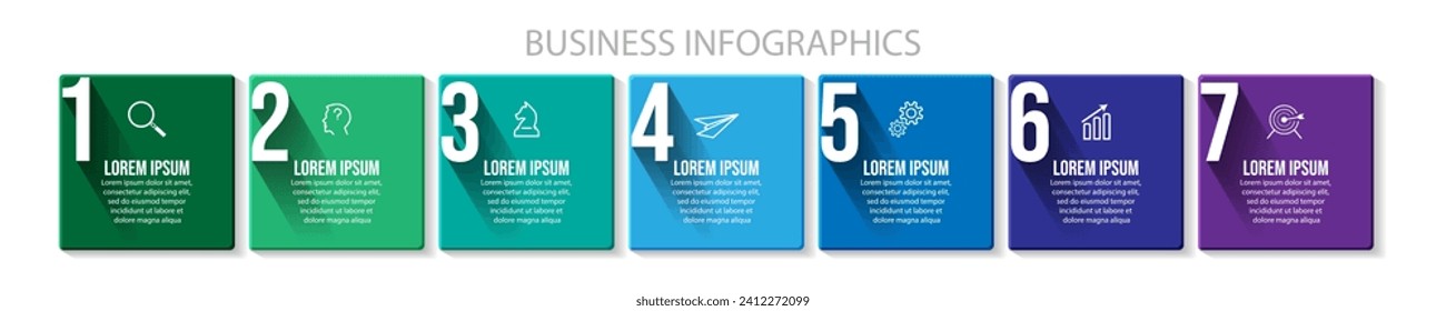 business infographic 7 parts or steps, there are icons, text, numbers. Can be used for presentation banners, workflow layouts, process diagrams, flow charts, infographics, your business presentations