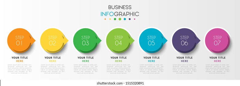 Business infographic with 7 steps or options. Horizontal business data visualization timeline template design. Vector Illustration