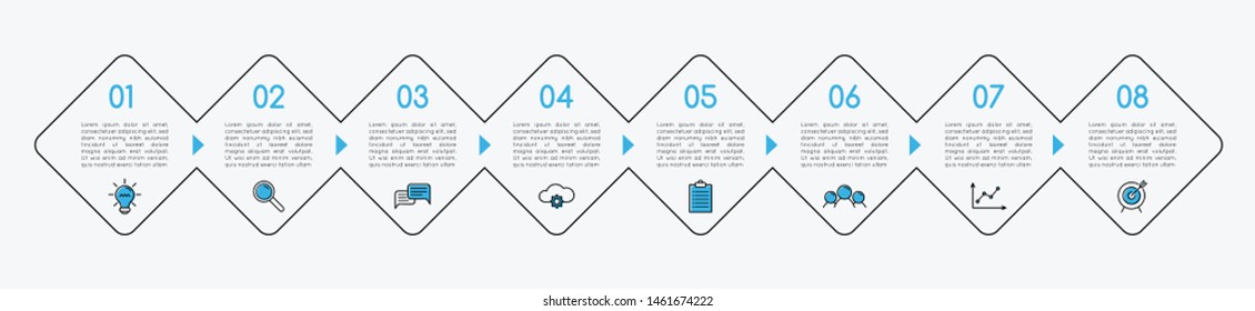Business infographic with 8 options. Flowchart. Vector