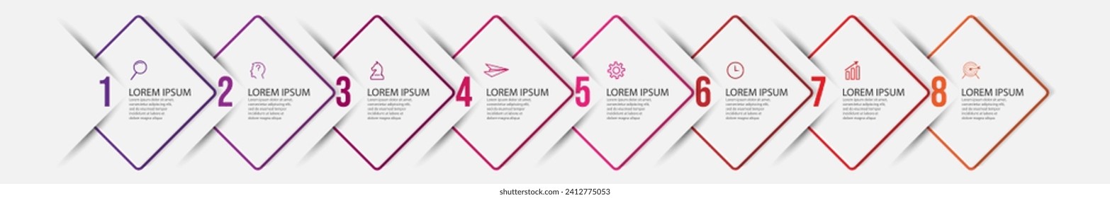 business infographic 8 parts or steps, there are icons, text, numbers. Can be used for presentation banners, workflow layouts, process diagrams, flow charts, infographics, your business presentations
