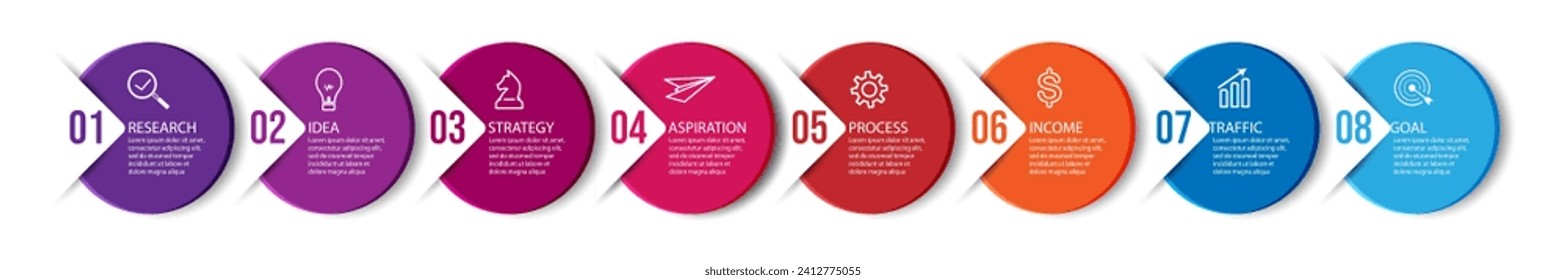 business infographic 8 parts or steps, there are icons, text, numbers. Can be used for presentation banners, workflow layouts, process diagrams, flow charts, infographics, your business presentations