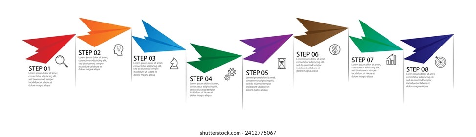 business infographic 8 parts or steps, there are icons, text, numbers. Can be used for presentation banners, workflow layouts, process diagrams, flow charts, infographics, your business presentations