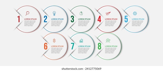 business infographic 8 parts or steps, there are icons, text, numbers. Can be used for presentation banners, workflow layouts, process diagrams, flow charts, infographics, your business presentations