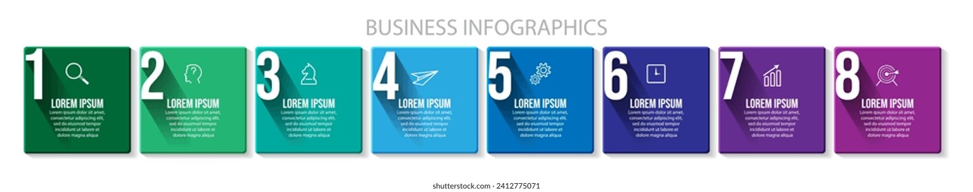 business infographic 8 parts or steps, there are icons, text, numbers. Can be used for presentation banners, workflow layouts, process diagrams, flow charts, infographics, your business presentations