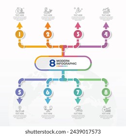 Business infographic 8 process design with finance icons. Vector illustration.