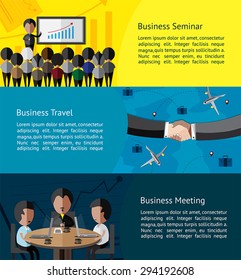 Business infographic activities banner of businessman and businesspeople doing seminar, meeting, and business travel with partnership background template layout design, create by vector
