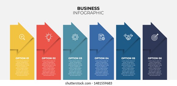 Business infographic arrow design template with marketing icons. Timeline with 6 steps, options. Vector illustration.