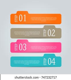 Business infographic banner template for presentation, education, web design, brochures, flyers. Orange, brown, pink, blue color tabs. Vector illustration.