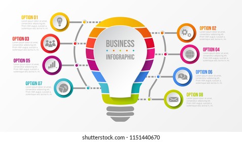 Business infographic - bulb with colourful icons. Vector.