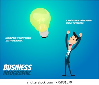 Business infographic - A Businessman so happy when he found idea bulb flying, Like the idea of success. Idea concept.
