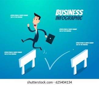 Business Infographic - Businessman Jumping Over Hurdles. Concept Overcome Obstacles And Solution .