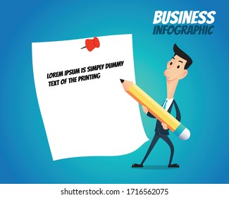 Business infographic - A businessman is lifting pencils with both hands. Notepaper with pins. Note-taking. Note down ideas.
